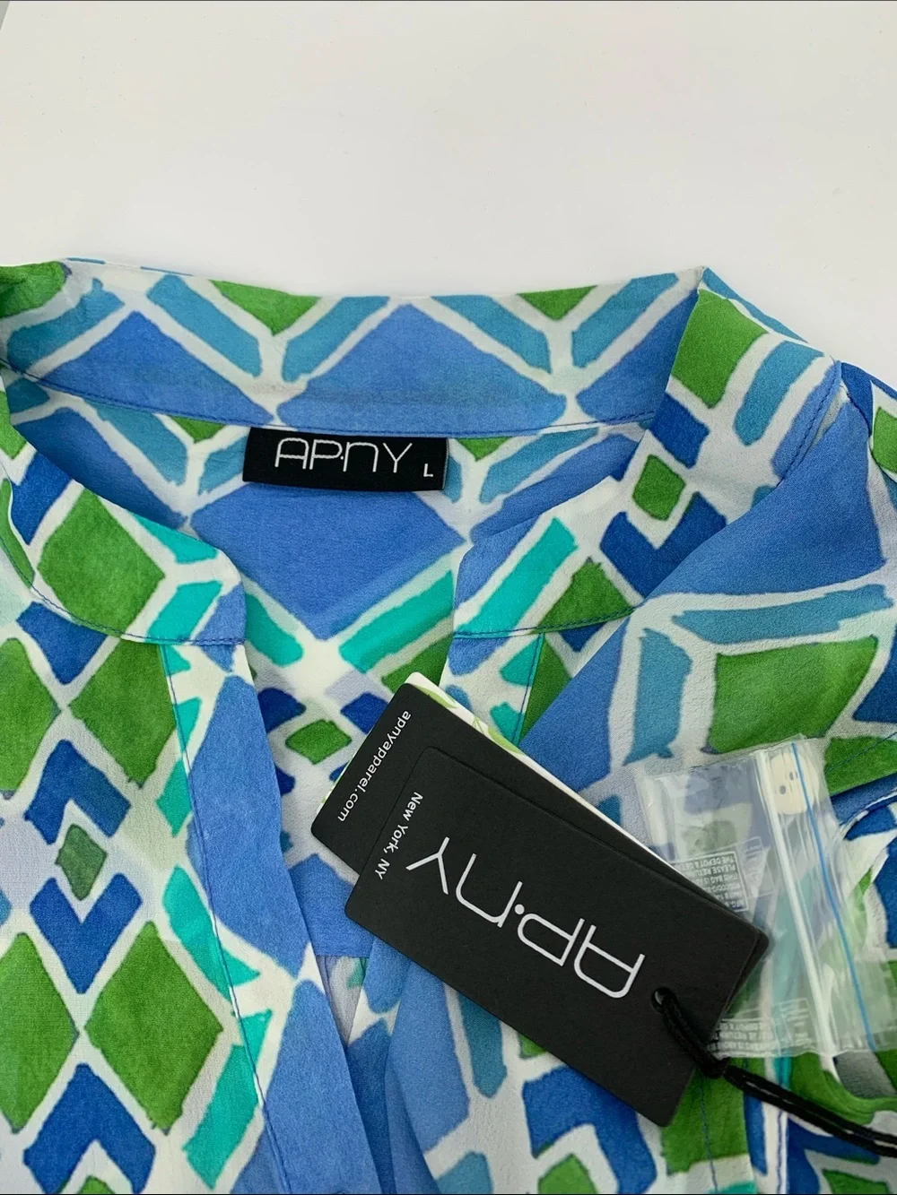 APNY sleeveless shift dress blue green geometric button henley diamond new Large